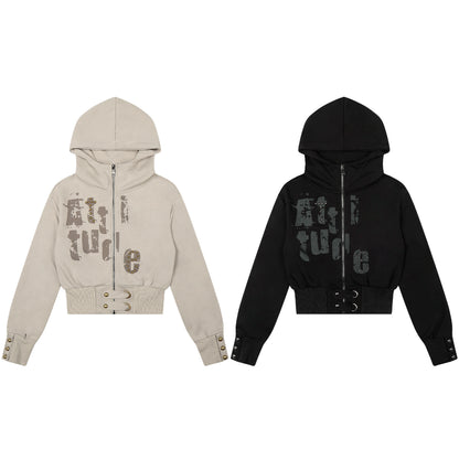 Attitude Rivet Letter Distressed Crop Zip Hoodie Studded Waist Buckle Y2K Streetwear Sweatshirt