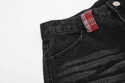 Red Plaid Patch Star Embroidery Wide Leg Jeans Washed Denim Patchwork Baggy Y2K Streetwear