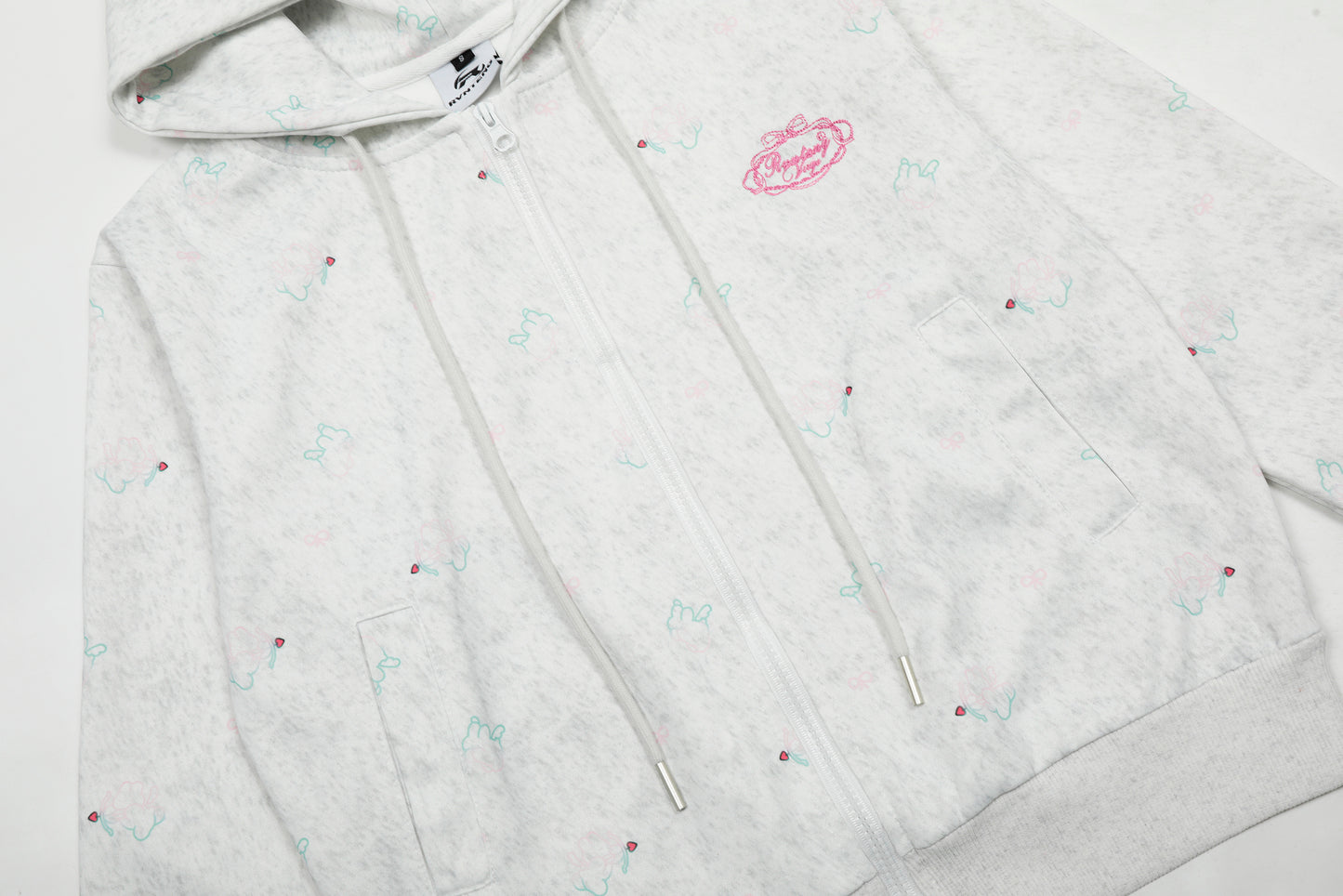 Women's Rvnteng Oval Logo Scattered Floral Embroidery Full Zip Hoodie Sweatshirt Long Sleeve Casual Streetwear Jacket