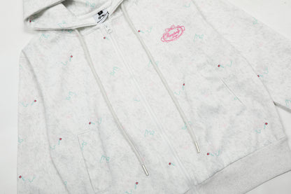 Women's Rvnteng Oval Logo Scattered Floral Embroidery Full Zip Hoodie Sweatshirt Long Sleeve Casual Streetwear Jacket