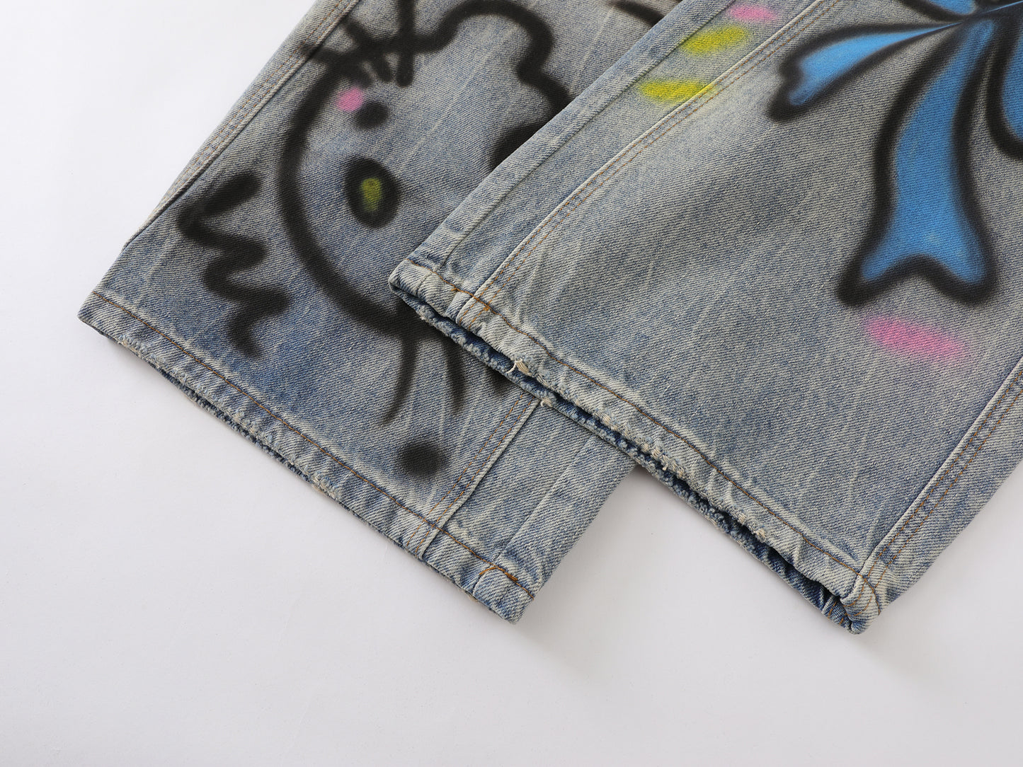 Kawaii Cat Graffiti Spray Paint Wide Leg Jeans Bow Star Cartoon Print High Waist Baggy Denim Pants Streetwear Barrel Trousers | Kitty Spray