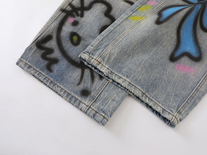Kawaii Cat Graffiti Spray Paint Wide Leg Jeans Bow Star Cartoon Print High Waist Baggy Denim Pants Streetwear Barrel Trousers | Kitty Spray