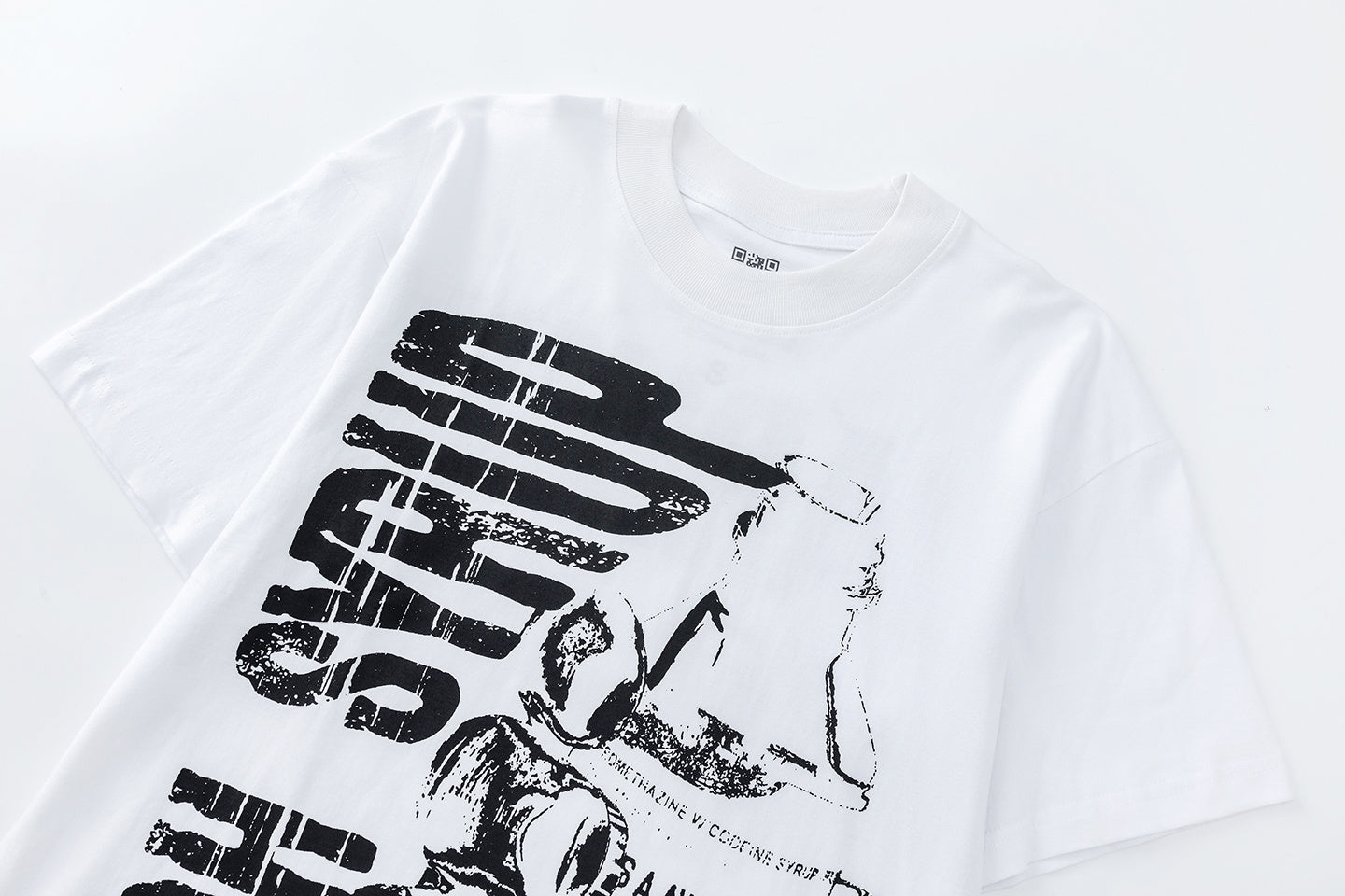 White crew neck graphic T-shirt with short sleeves and bold black printed artwork - view 8