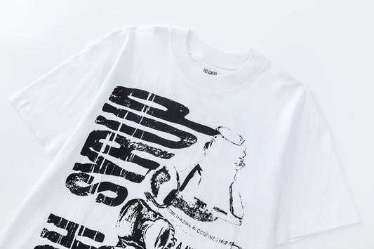 White crew neck graphic T-shirt with short sleeves and bold black printed artwork - view 8