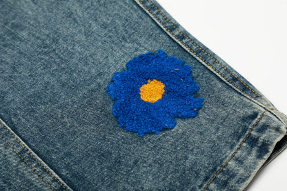 Women's Multicolor Daisy Floral Embroidery Balloon Wide Leg Denim Jeans High Waist Y2K Streetwear Baggy Jean Pants