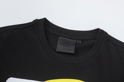 Black T-Shirt With Yellow and White Graffiti Graphic Print, Short Sleeve Crewneck Streetwear Tee