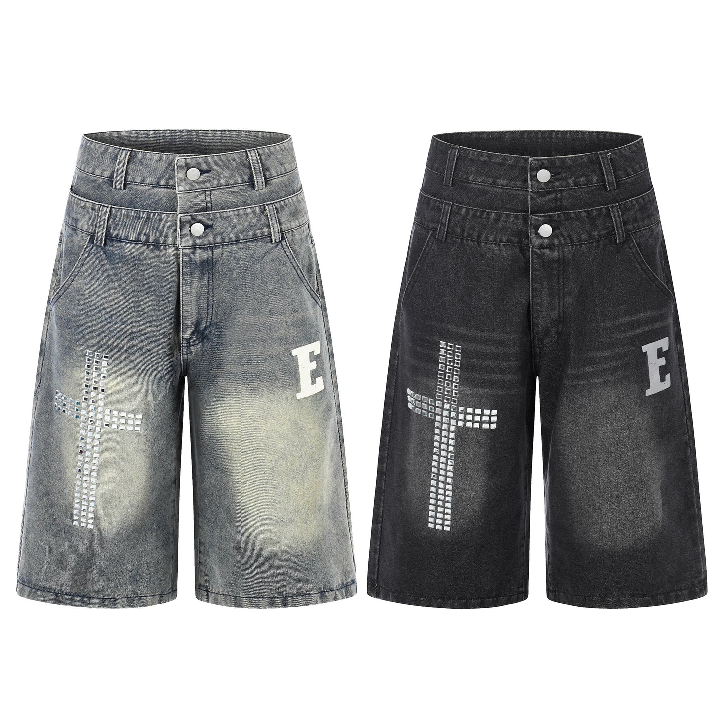 E Letter Cross Rhinestone Denim Shorts - Blue Back