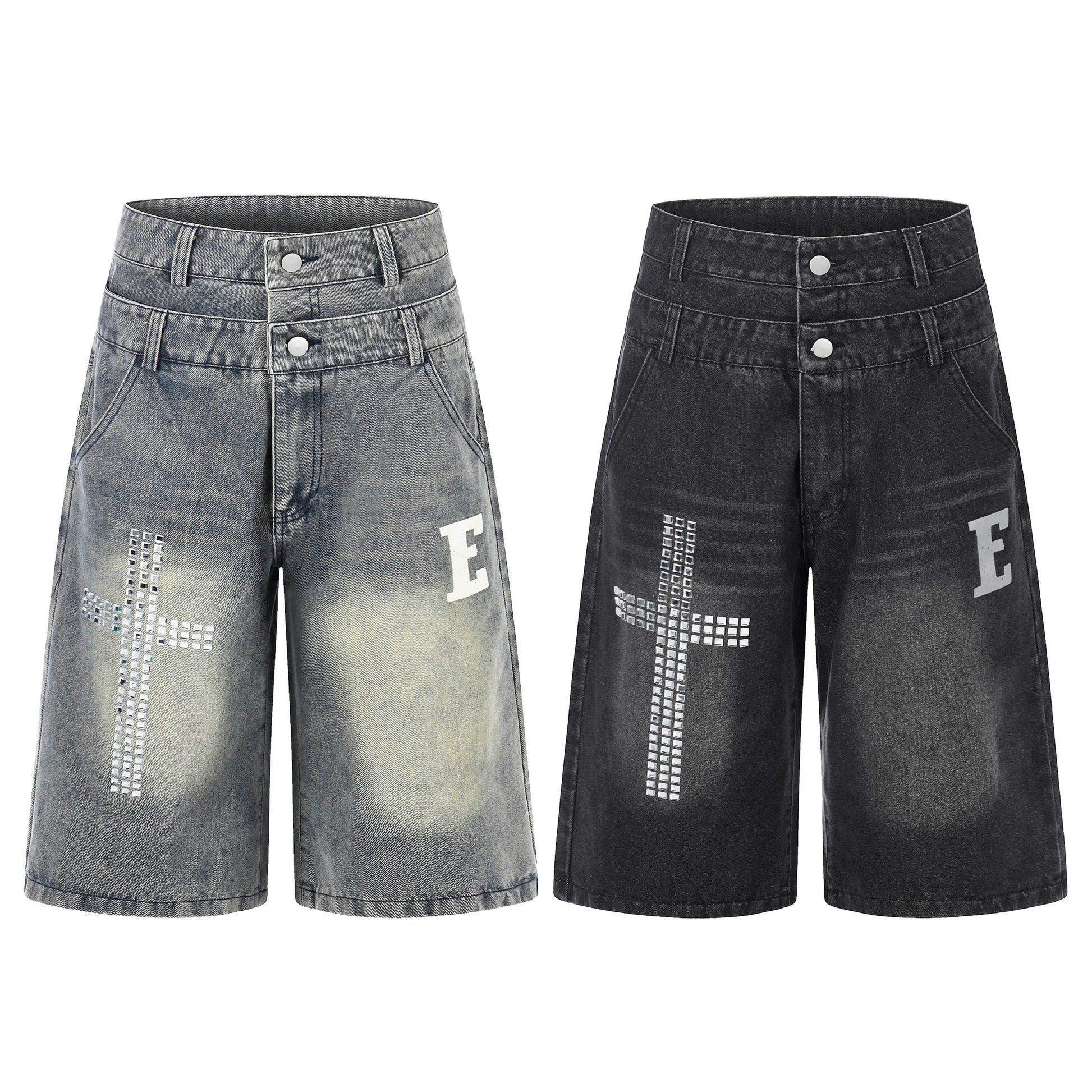 E Letter Cross Rhinestone Denim Shorts - Blue Back