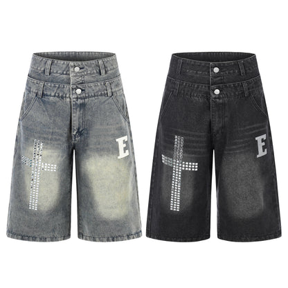 E Letter Cross Rhinestone Denim Shorts Wide Leg High Waist Washed Streetwear Summer Casual Shorts