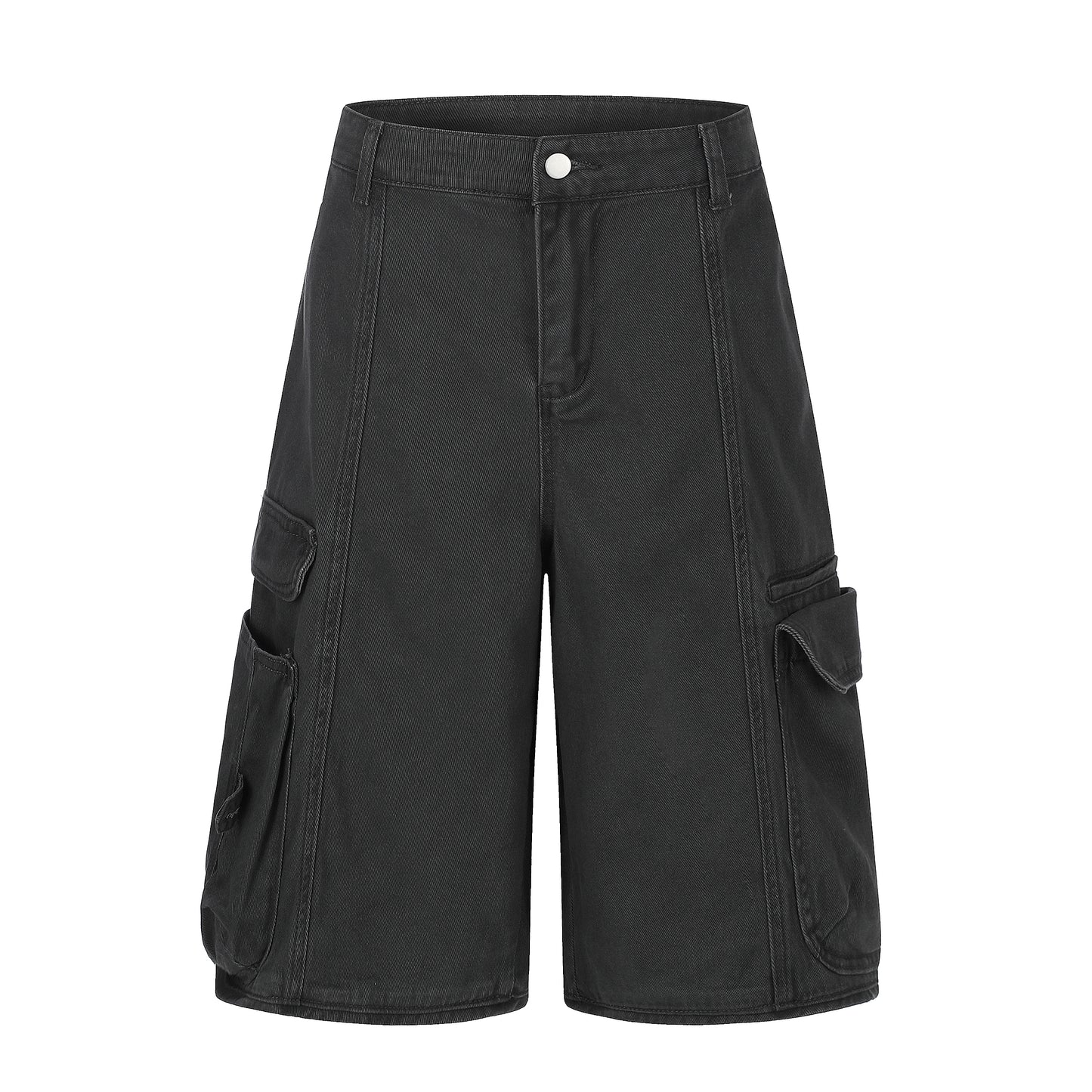 Women's Multi-Pocket Cargo Wide Leg Denim Shorts High Waist Contrast Stitch Casual Streetwear Jean Shorts