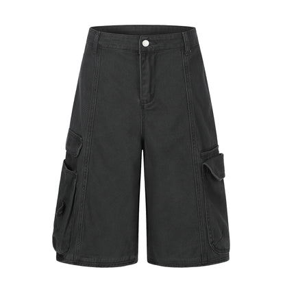 Women's Multi-Pocket Cargo Wide Leg Denim Shorts High Waist Contrast Stitch Casual Streetwear Jean Shorts