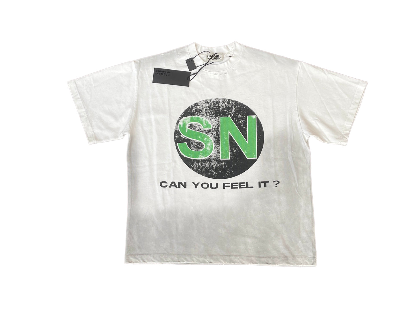 Satoshi Nakamoto SN Circle Logo Can You Feel It Tee Off-White 280g Washed Distressed Torn Collar Raw Edge Streetwear | SN Feel It Tee