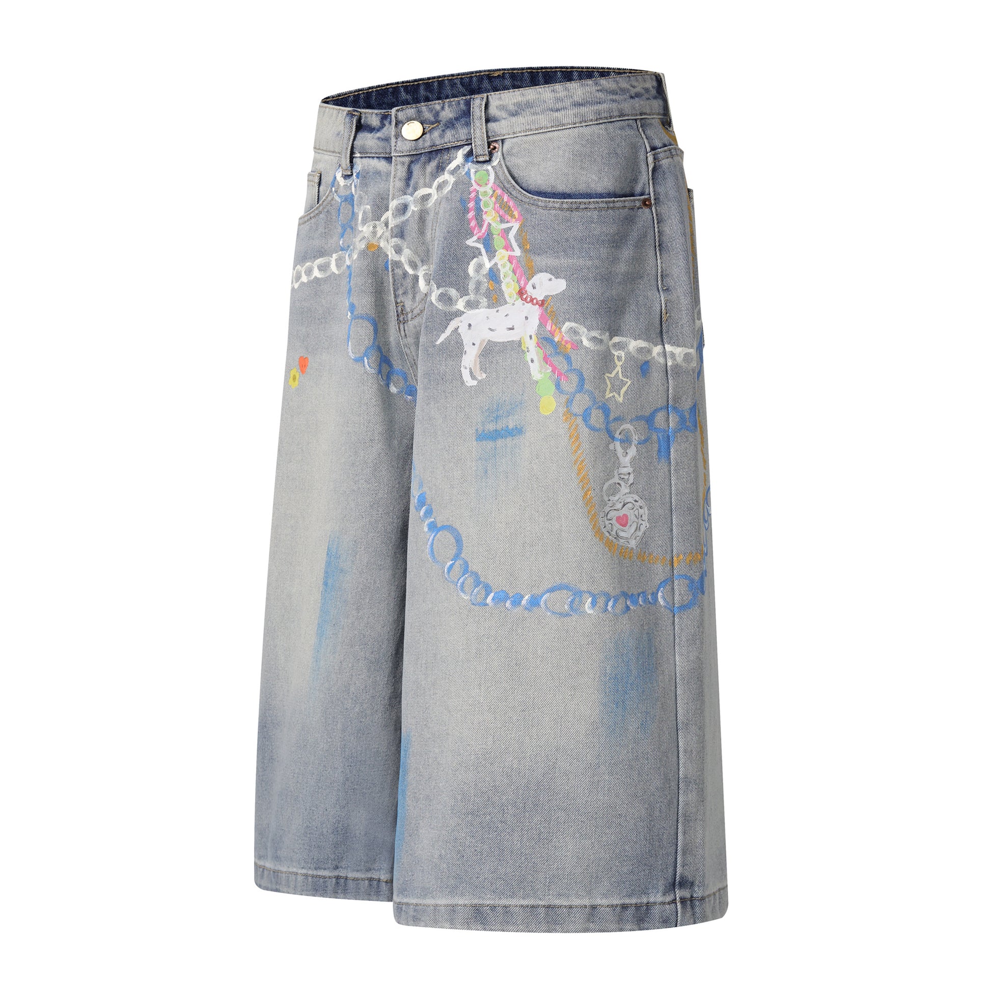 Chain graphic denim shorts all views flat lay