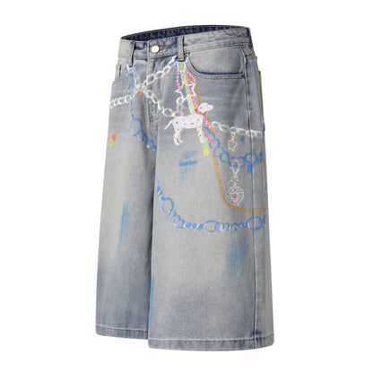 Chain Graphic Print Denim Shorts Wide Leg High Waist Washed Dalmatian Dog Charm Streetwear Summer Casual Jean Shorts | Chain Pup