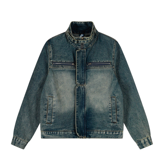 Stand collar zip denim jacket washed blue back