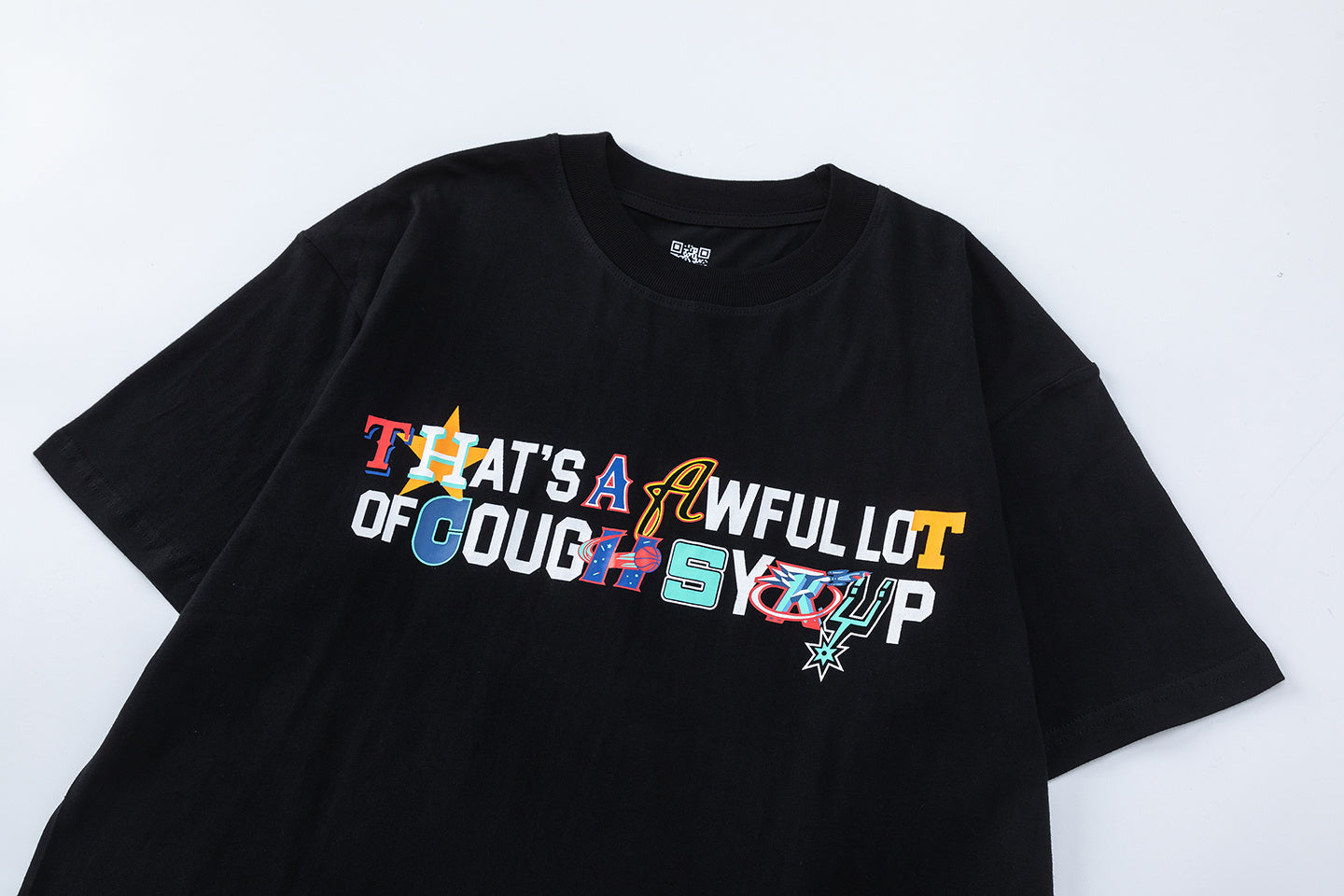 Black short sleeve graphic T-shirt with colorful basketball-inspired front and back print - view 8