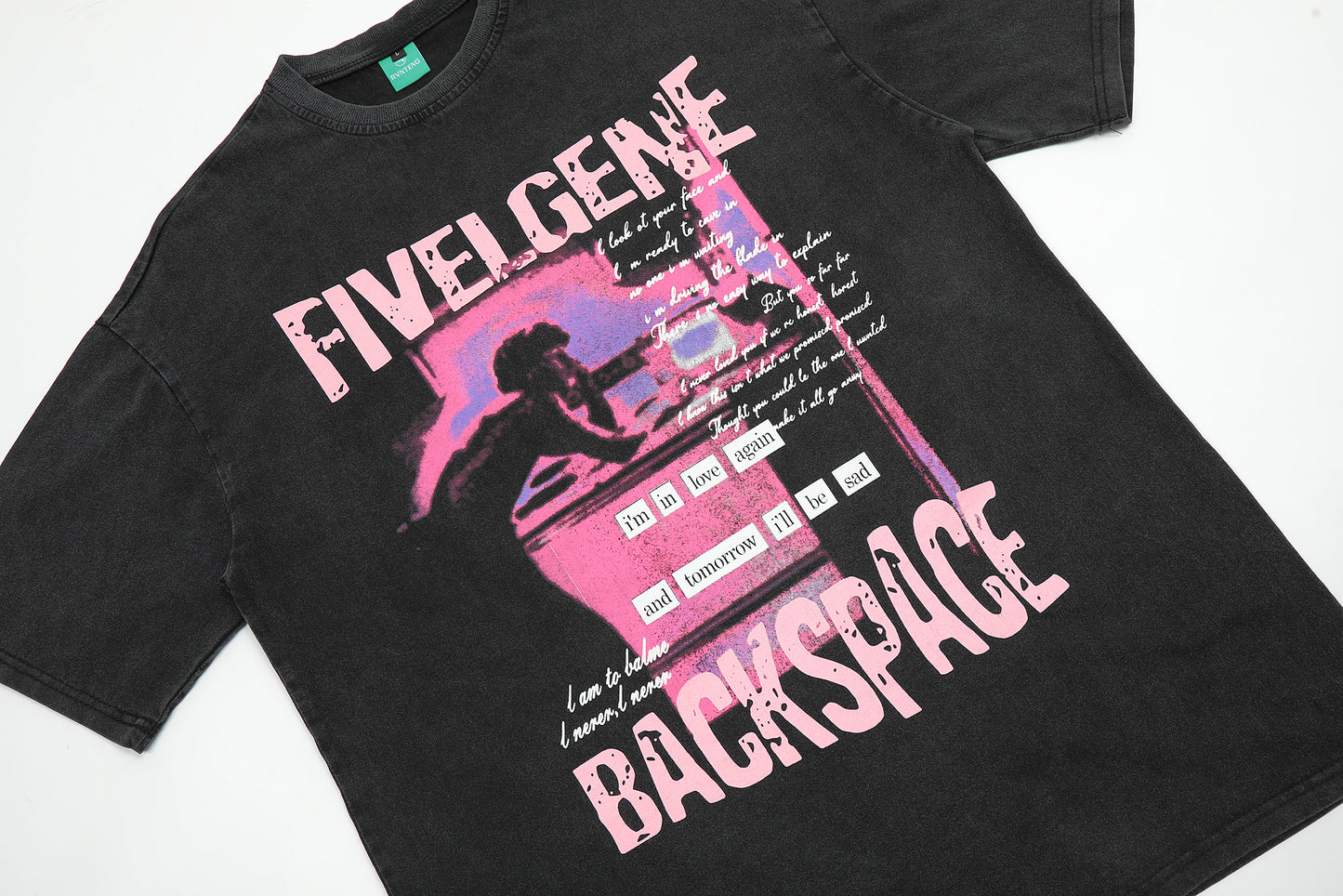 Black tee front FIVELGENE BACKSPACE pink graphic close-up
