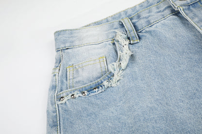 Women's Lace Trim Rhinestone Floral Cargo Wide Leg Jeans High Waist Light Wash Casual Streetwear Denim Pants