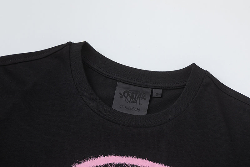 Black short sleeve graphic T-shirt with pink graffiti-style skull print - view 8