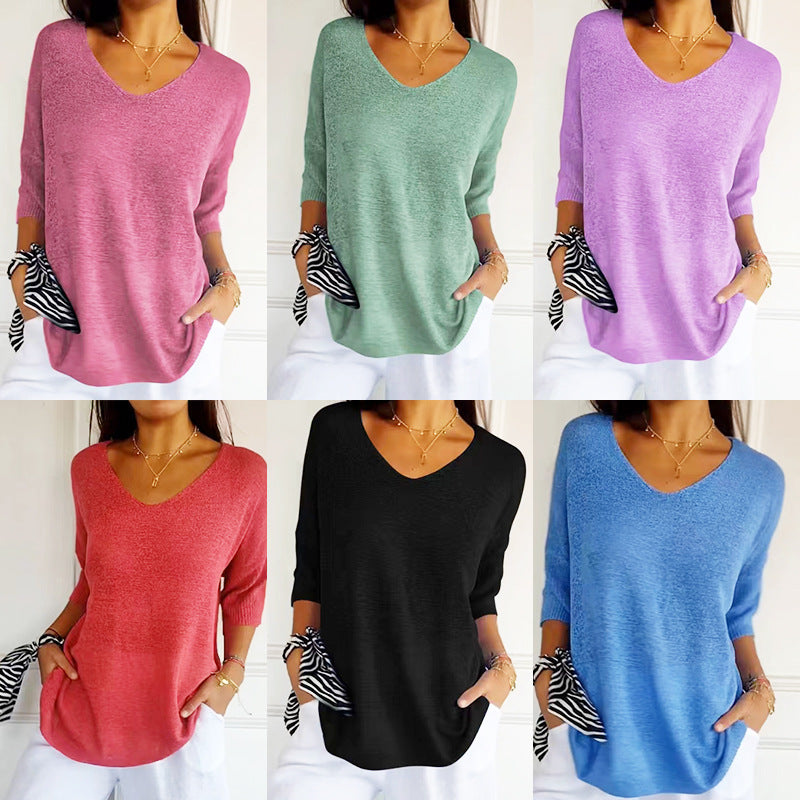 European and American Knitwear Foreign Trade Casual Sweater Multi-Color Basic Style SlimmingVCollar Solid Color Sweater Women's Bottoming Shirt