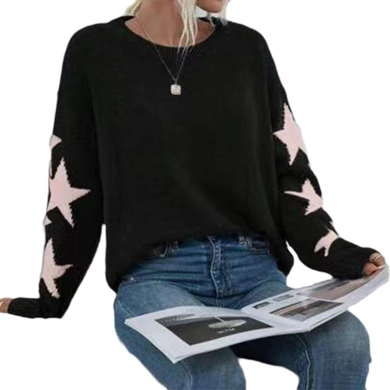 Fashion Solid Color Five-Pointed Star Sweater Crew Neck Pullover Autumn Winter Women's Knitwear