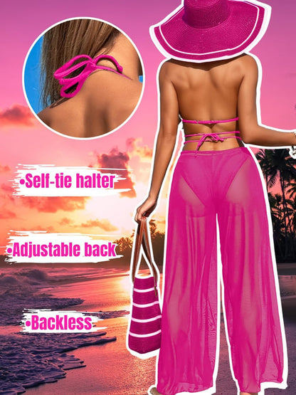 3 Piece Bikini Sets with Mesh Cover Up Pants, Halter Cheeky Thong Swimsuits, Sexy Bathing Suits for Women - Seldom Seen Styles