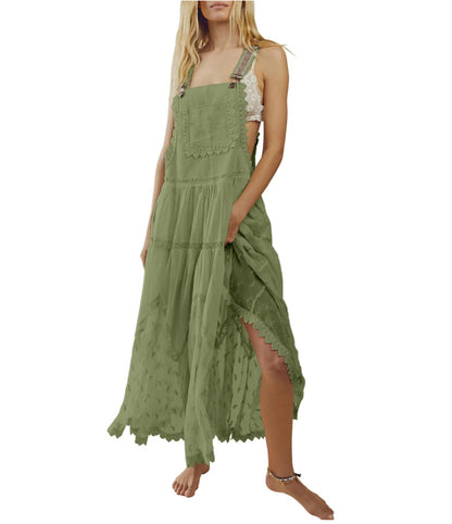 Women's Summer Laced Embroidered Tulle Bib Beachwear Dress Casual Comfortable Loose Adjustable Straps Maxi Dress Fabric Womenswear - Seldom Seen Styles