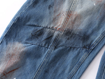 Paint Splatter Mud Dye Barrel Wide Leg Jeans High Waist Light Wash Distressed Diagonal Seam Streetwear Denim Trousers | Mud Canvas