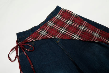 Women's Red Plaid Triangle Patchwork Waist Z American Flag Embroidery Balloon Wide Leg Denim Jeans High Waist Y2K Streetwear Baggy Jean Pants