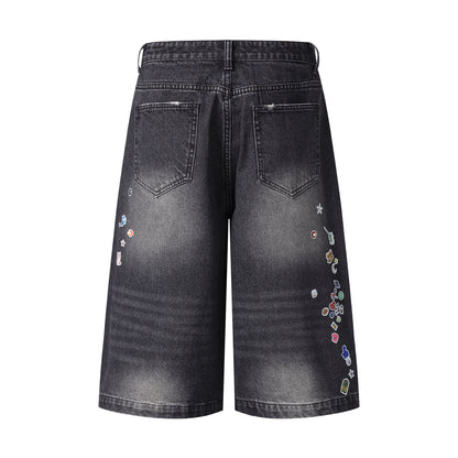 Cartoon Sticker Print Wide Leg Denim Shorts Plaid Handkerchief Waist Detail High Waist Casual Streetwear Baggy Jean Shorts | Sticker Hanky
