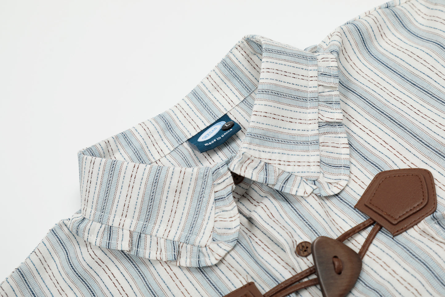 Stripe Fringe Collar Linen Cotton Short Sleeve Shirt Oversized Button Down Leather Buckle Detail Casual Summer Top | Fringe Stripe