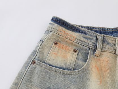 Tie Dye Orange Splash Wide Leg Baggy Jeans Washed Denim High Waist Streetwear Y2K Casual Pants