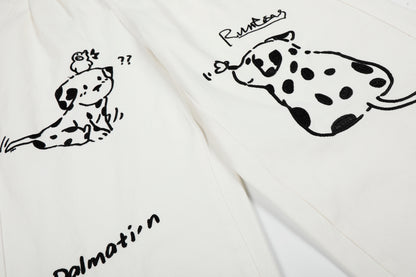 Women's Dalmatian Dog Print High Waist Wide Leg Pants Pleated Front Pocket Casual Streetwear Trousers