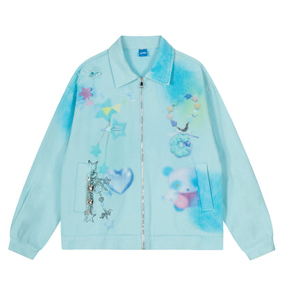 Dreamy Graffiti Star Panda Flower Metal Charm Chain Zip Jacket Spray Dye Distressed Y2K Harajuku