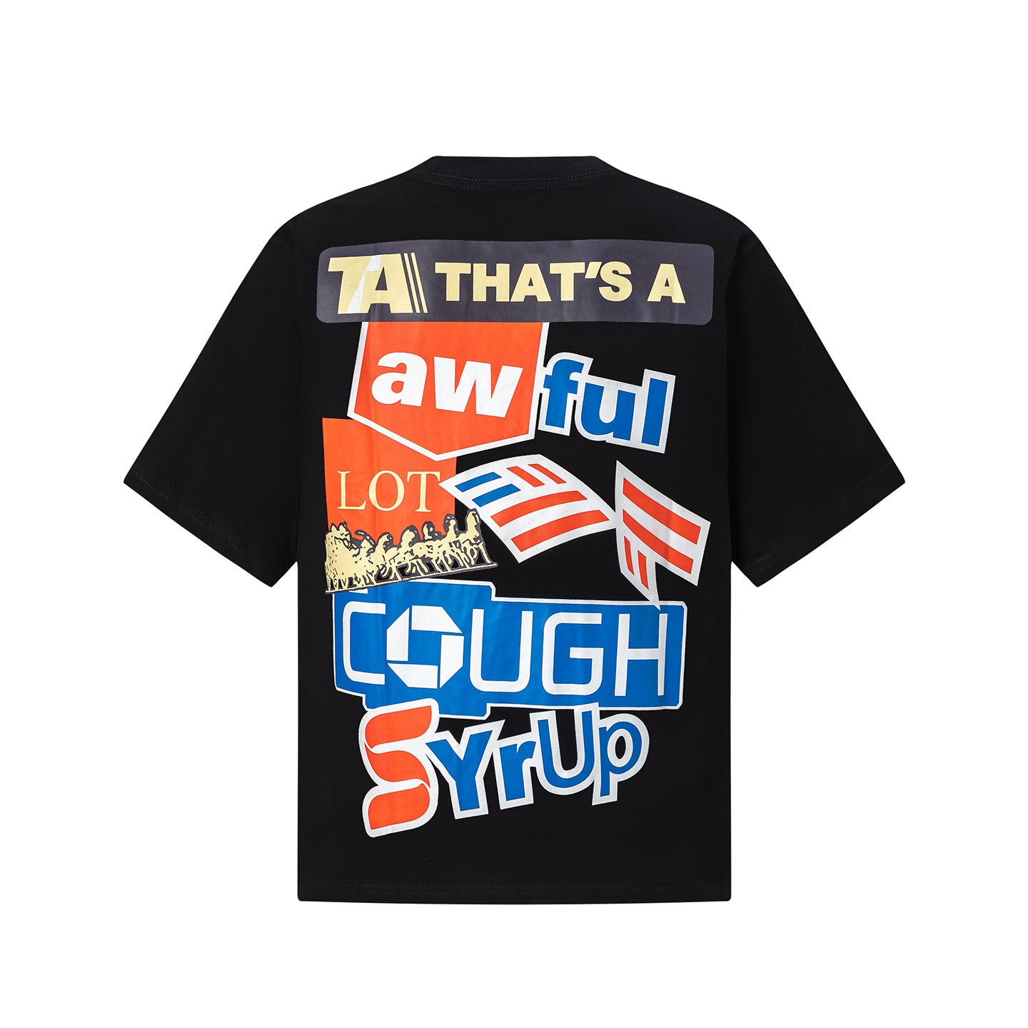 Adult graphic print crew neck T-shirt shown in black and white with colorful Cough Syrup typography - view 9