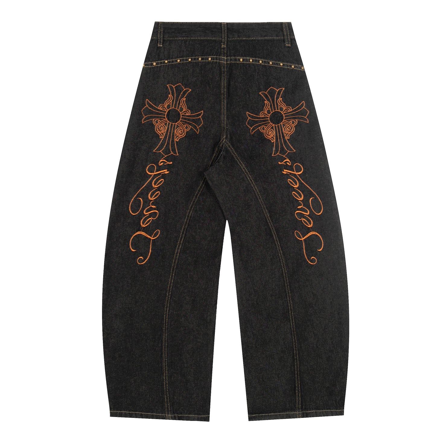 Gothic Cross Forever Embroidery Leopard Pocket Wide Leg Jeans - Black Back