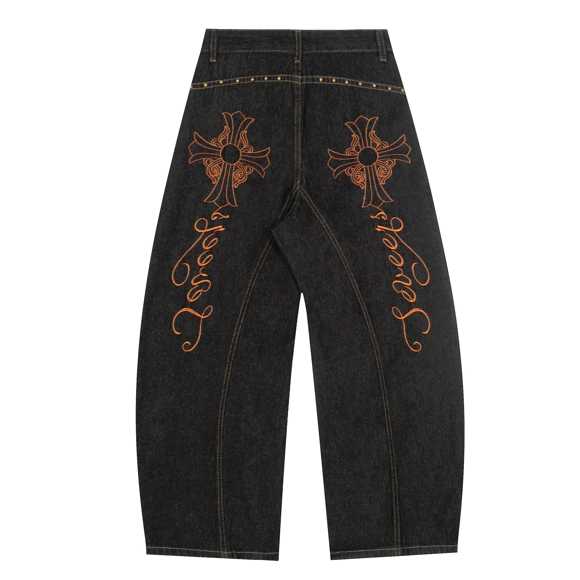 Gothic Cross Forever Embroidery Leopard Pocket Wide Leg Jeans - Black Back