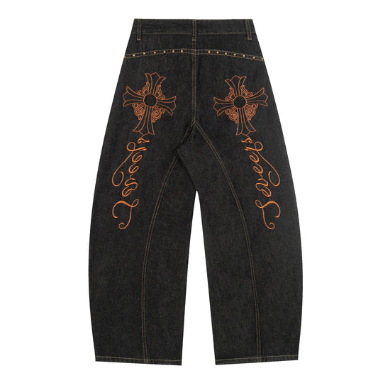 Gothic Cross Forever Embroidery Leopard Pocket Wide Leg Jeans - Black Back