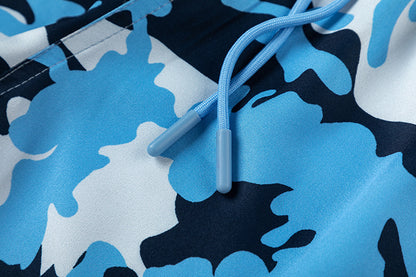 Blue Camo Drawstring Shorts, Elastic Waist Graphic Streetwear Casual Wear