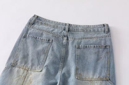 Curved Pocket Cargo Wide Leg Jeans High Waist Light Wash Mud Dye Faded Utility Streetwear Denim Trousers | Pocket Arc