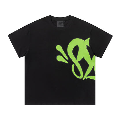Black and Neon Green Graffiti Graphic Crewneck Short Sleeve Streetwear T-Shirt