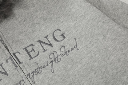Women's RVNTENG Faux Fur Trim Hood Fleece Lined Full Zip Hoodie Sweatshirt Letter Print Oversized Warm Winter Jacket