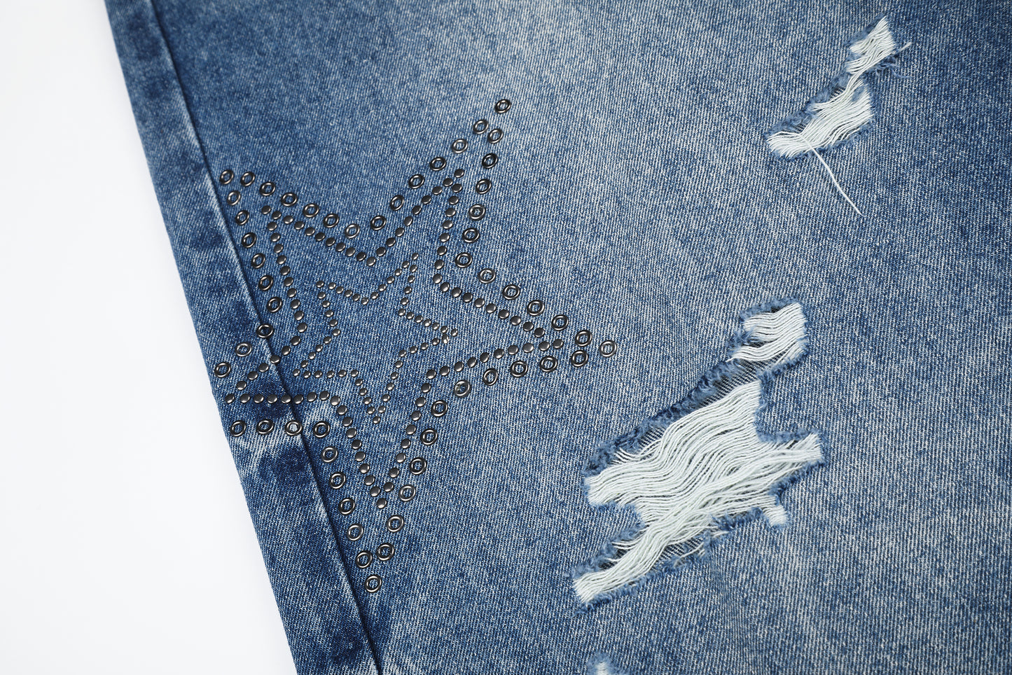 Women's Star Embroidery Rhinestone Distressed Wide Leg Jeans High Waist Ripped Casual Streetwear Denim Pants