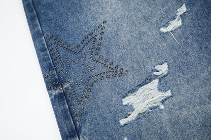 Women's Star Embroidery Rhinestone Distressed Wide Leg Jeans High Waist Ripped Casual Streetwear Denim Pants