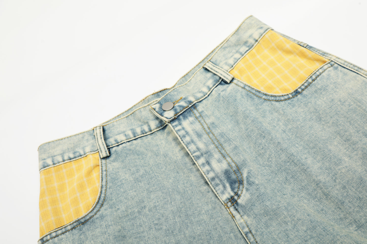 Yellow Plaid Patchwork Wide Leg Denim Jeans High Waist Washed Barrel Streetwear Y2K Casual Pants | Sunny Barrel