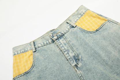 Yellow Plaid Patchwork Wide Leg Denim Jeans High Waist Washed Barrel Streetwear Y2K Casual Pants | Sunny Barrel
