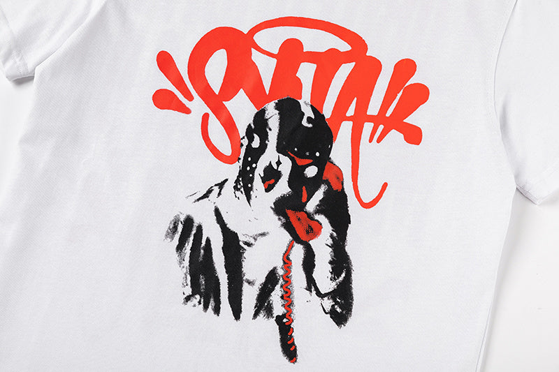 Unisex white graphic T-shirt with red graffiti-style print and black illustrated front graphic - view 9