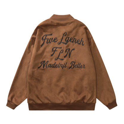 Oversized FLN Letter Embroidery Bomber Jacket Zip Up Suede Texture Streetwear Casual Fall Outerwear