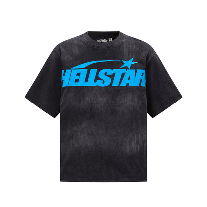 Washed Graphic Print Short Sleeve T-Shirt Flame Face Circle Logo Street Casual Unisex Tee | Blue Flame