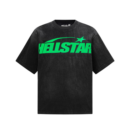 Washed Graphic Print Short Sleeve T-Shirt Flame Face Circle Logo Street Casual Unisex Tee | Green Flame
